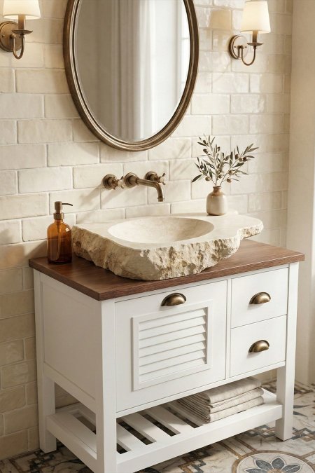 حوض مغسلة حجر طبيعي بواجهة خام – 70×50 سم